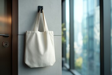 Blank White Canvas Tote Bag Mockup Hanging in Office