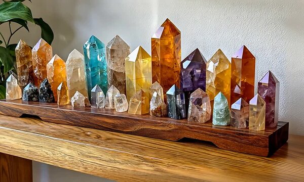 A Vibrant Collection of Natural Polished Crystal Gemstone Towers on a Wooden Display.
