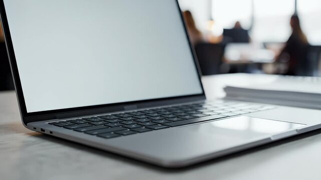 Modern laptop on a wooden desk in a blurred office setting showcasing a blank screen ready for design work presentations or digital content creation