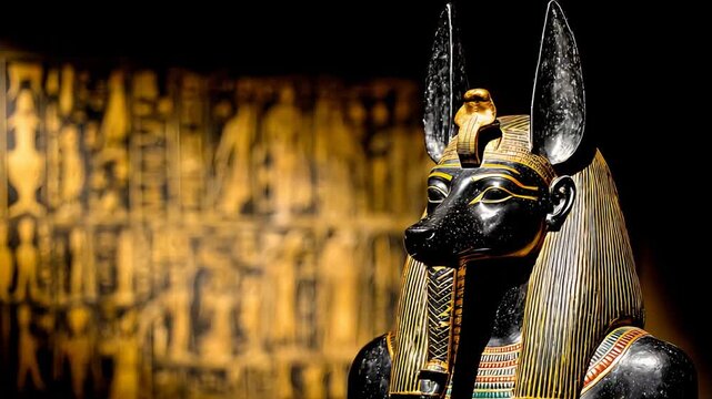 Majestic Anubis God Statue with Golden Details Illuminating Ancient Egyptian Mystical Culture.