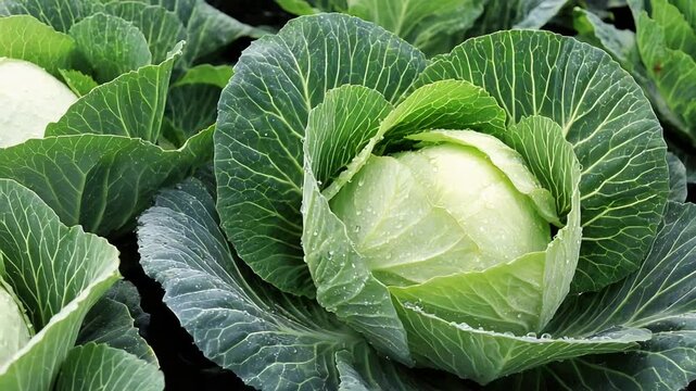 Fresh Green Cabbage Head with Glistening Water Droplets in a Thriving Organic Garden.