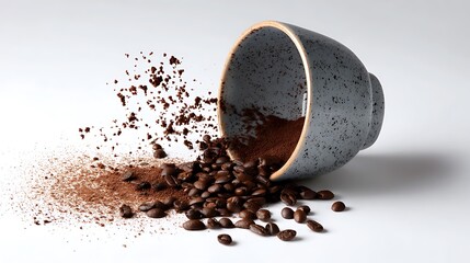 overturned cup and spilled coffee on white background.