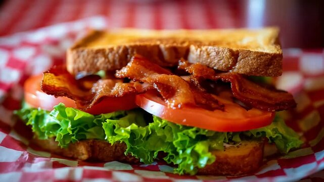 Close Up of a Mouthwatering BLT Sandwich Wrapped in Classic Red Checkered Paper.