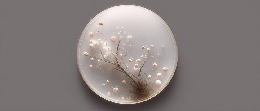 Minimalist Composition of Monilia Growth on Petri Dish with Bubbles and Organic Texture