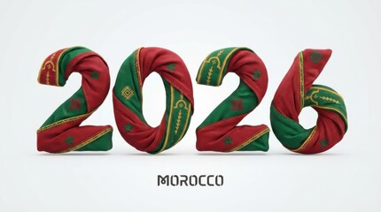 colorful morocco 2026 made of 3d folded fabric digits in national flag colors on clean white background modern 3d holiday number artwork perfect for new year posters cards and social media templates