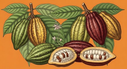 Botanical illustration displays raw cocoa pods in various stages of ripeness alongside open fruit revealing seeds