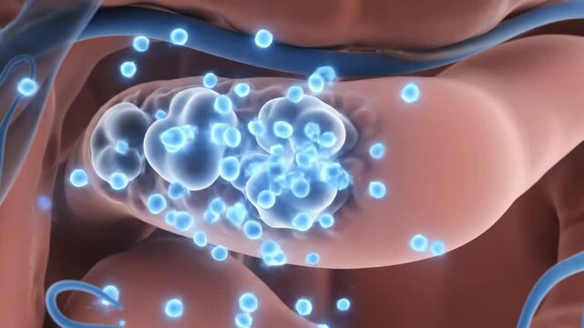 Detailed 3D rendering of microscopic particles interacting with cellular structures within a biological vessel.