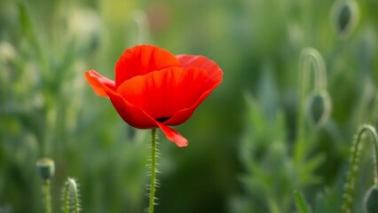 Single Red Poppy Flower in Green Field.