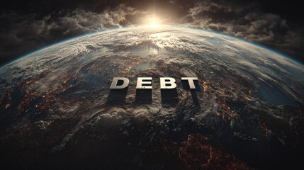 Earth viewed from space with the word DEBT overlayed, symbolizing global financial burden, economic crisis, or worldwide monetary challenges in a striking visual.
