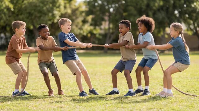 Children playing tug of war happily on sunny meadow