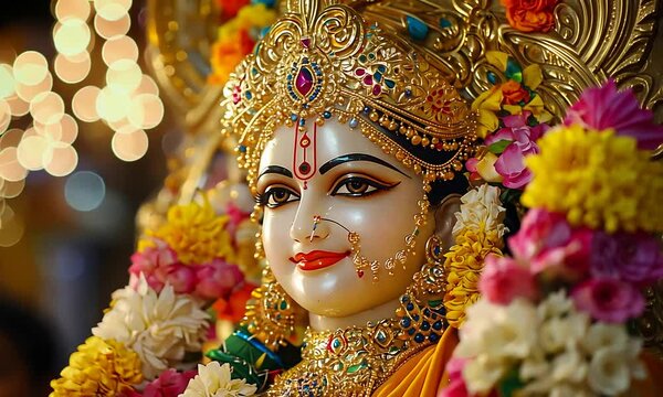 Beautiful Hindu Goddess Deity Adorned with Golden Jewels and Vibrant Flowers During Celebration.
