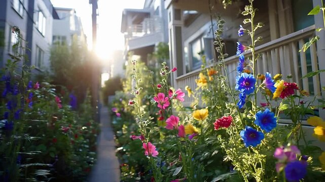 Golden Hour Sunlight Illuminates Vibrant Multi Colored Flowers Along a Peaceful Urban Residential Path.