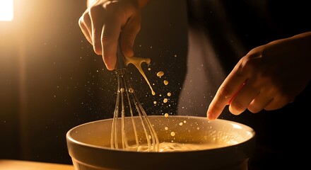 Whisking golden batter illuminated by warm light captures the essence of baking with focus on dynamic motion and
