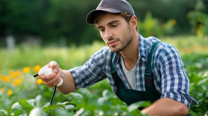 Young man spraying pesticides in large vegetable farm faceless, water droplets in air, crop care, agricultural work, defocused background, with copy space