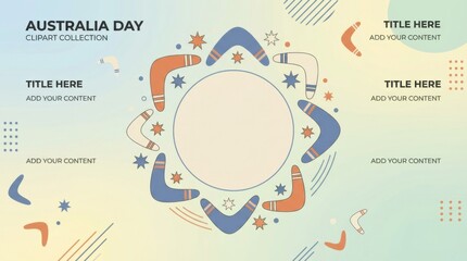 modern australia day clipart collection template illustration template featuring boomerang and star motifs around a circle on simple pastel background with plenty of empty space