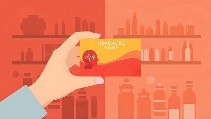Flat vector illustration of adult headache relief medicine packaging with head pain and pulse icons, generic healthcare concept in red and yellow color palette, clean modern pharmaceutical design
