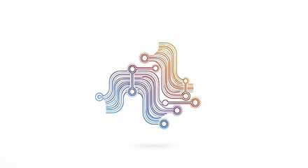 Abstract circuit board design with colorful lines and circular connections on white background