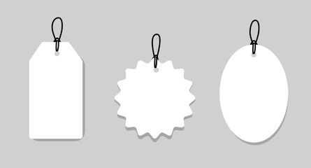 Set blank white paper price tags or gift tags. Paper labels with cord. Set template shopping labels with shadow - stock vector.