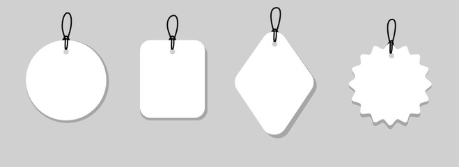 Set blank white paper price tags or gift tags. Paper labels with cord. Set template shopping labels with shadow - stock vector. 