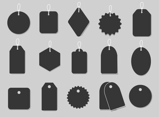 Set blank white paper price tags or gift tags. Paper labels with cord. Set template shopping labels with shadow - stock vector.