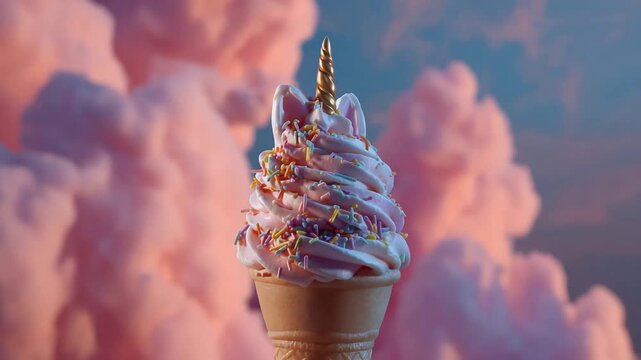 Magical Unicorn Soft Serve Ice Cream Cone with Sprinkles Against Pink Dreamy Sky.