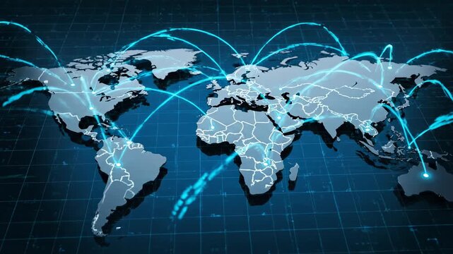 A digital world map illustrating global connections and a vast network of communication and data flow across continents.