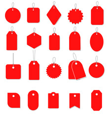Set empty price tags in different shapes. Red price tags. Template of price tags, labels.