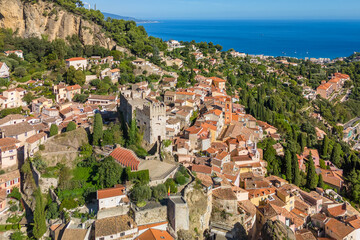 Fototapeta premium Aerial view of the medieval village of Roquebrune-Cap-Martin in French Riviera