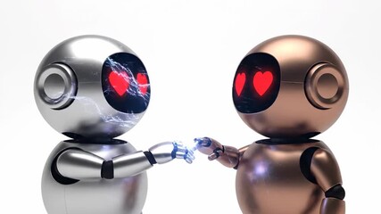 Two cute robots, one silver and one bronze, with glowing red hearts on their screens, touching hands with blue energy.