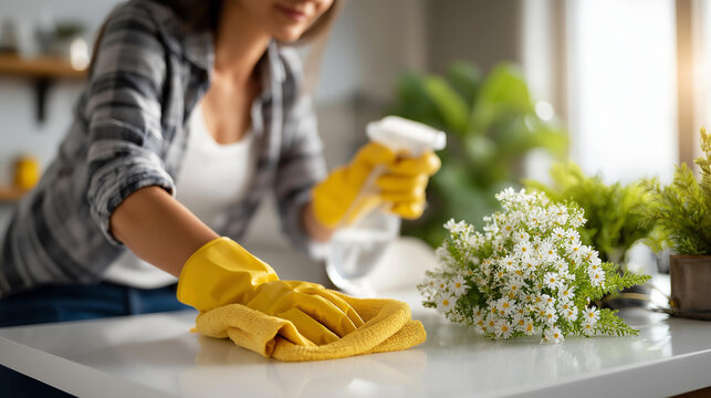 Woman wearing yellow rubber gloves wiping down white kitchen table faceless, sunlit room filled with greenery and white flowers, clean home environment, defocused background, with