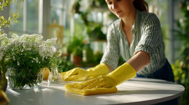 Woman wearing yellow rubber gloves wiping down white kitchen table faceless, sunlit room filled with greenery and white flowers, clean home environment, defocused background, with