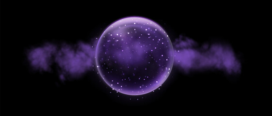 Purple magic fantasy sphere. Crystal ball with glowing sparkles and particles. Energy orb with glow flare light effect. Isolated on transparent background. Vector illustration. © Elena