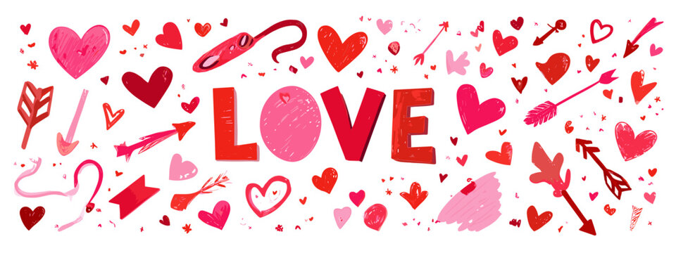 LOVE text seamless pattern with red hearts St. Valentine's day  banner isolated on white background 