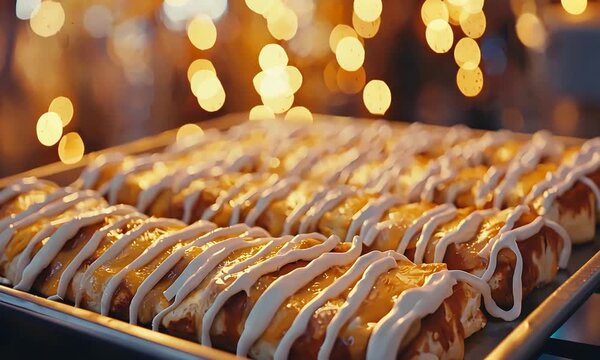 Delicious Glazed Pastries with White Icing on a Tray, Festive Bokeh Lights Background.