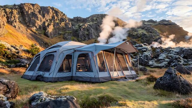 Experience outdoor adventure spacious tent nestled in a stunning geothermal landscape with steaming vents.