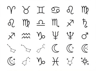 elegant astrology set of astrology and mystic symbols zodiac signs in simple line style perfect for digital prints templates and illustration projects isolated on white background