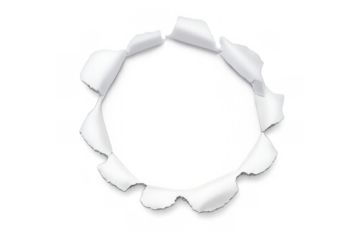 Ripped white paper round hole torn with curled edges, revealing blank space on transparent background