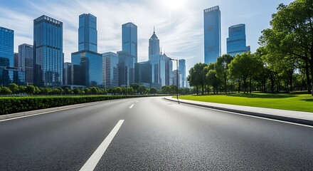 Empty asphalt road curves toward a modern metropolis skyline bordered by lush green parkland on a bright day