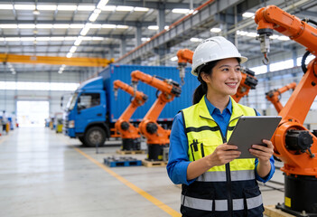 A woman wearing a yellow vest and a white helmet is standing in front of a factory with a tablet in her hand