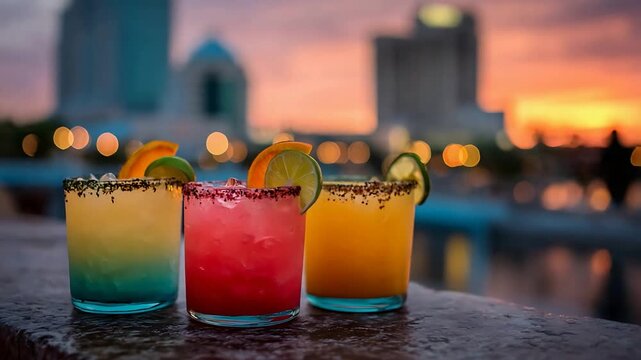 Refreshing Vibrant Cocktails with a City Sunset Background Perfect for a Relaxing Evening.
