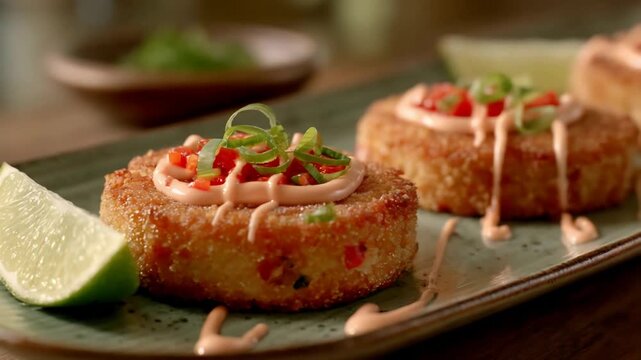 Delicious golden fried crab cakes served with zesty lime and creamy sauce, perfect appetizer.