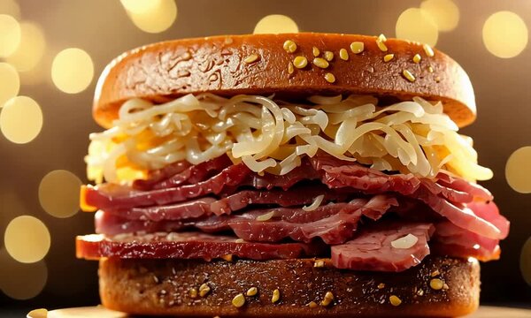 Delicious stacked pastrami or corned beef sandwich with sauerkraut on a toasted bun.