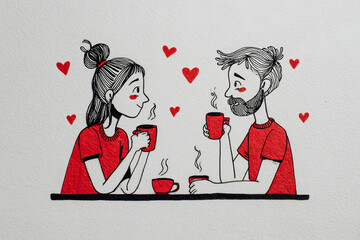 A charming illustration depicts a loving couple sharing warm coffee, surrounded by floating hearts. This cozy drawing perfectly captures the romance of their shared beverage moment.