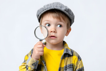 An innocent child, this curious toddler transforms into a playful detective, actively exploring. With a magnifying glass, the boy is looking intently, eager for a new discovery.