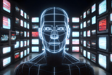 Glowing neon wireframe human head, embodying powerful AI and advanced digital technology, confronts a vast grid of numerous old TVs, reflecting complex data and a futuristic surveillance system.