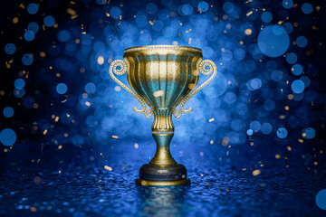 Golden winner's cups as awards on a blue background. Achievements. Victory. Goal achievement concept. Winner's certificate. First place in a computer game. Award for outstanding achievement. 3D render