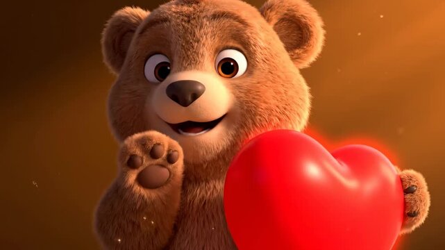 A charming animated brown bear with a friendly smile, holding a glowing red heart against a warm, golden background, expressing love and affection.