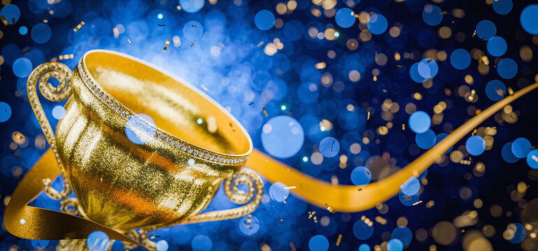 Victory. Goal achievement concept. Award for outstanding achievement. Golden winner's cups as awards on a blue background. Achievements. Winner's certificate. First place in a computer game. 3D render