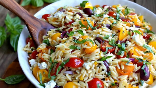 Serving a Delicious Mediterranean Orzo Pasta Salad with Fresh Cherry Tomatoes and Feta Cheese.
