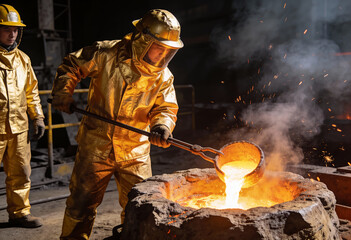 A man in a yellow suit is pouring molten metal into a large vat. The scene is intense and dangerous, as the man is wearing a full-body suit and a helmet to protect himself from the heat